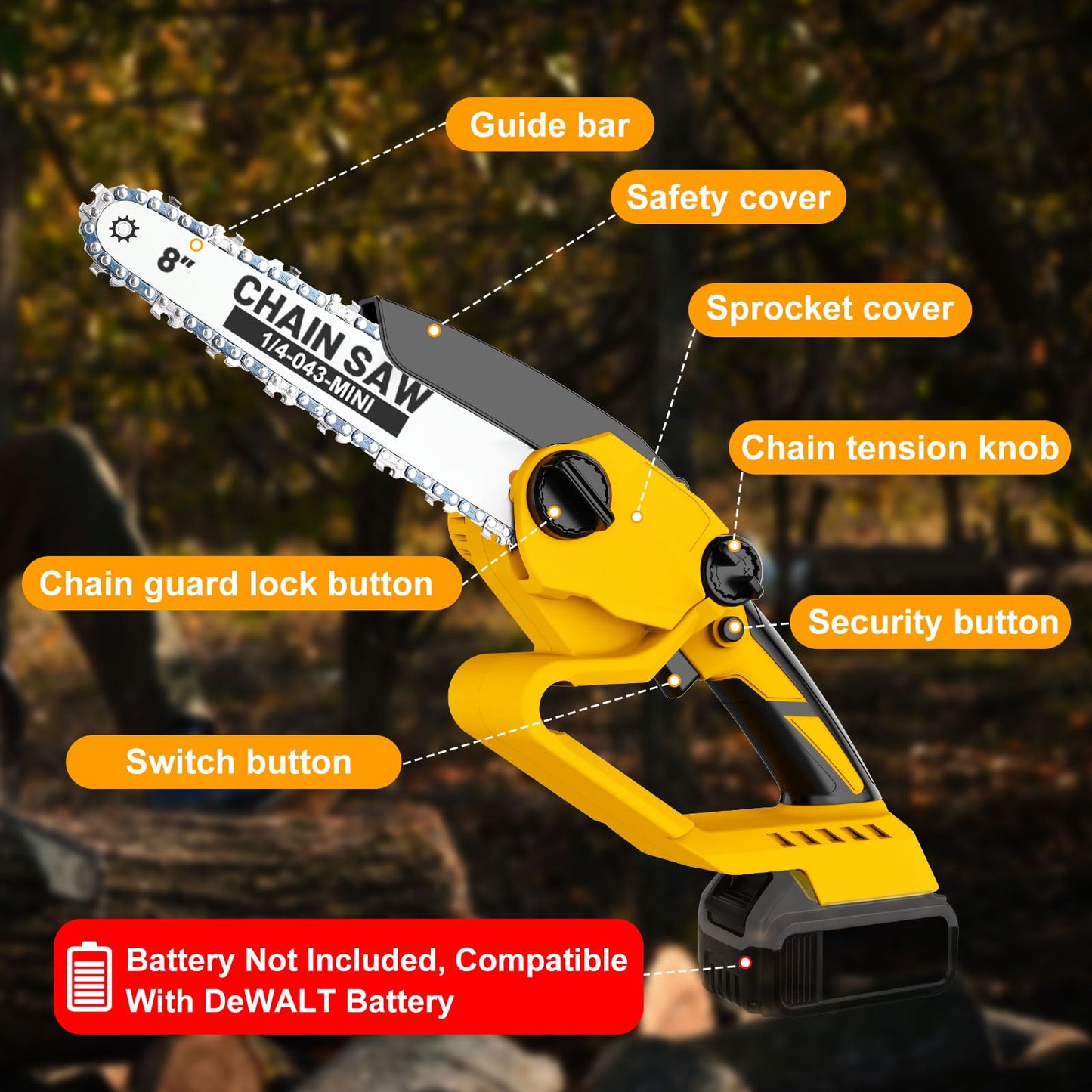 Mini Motosega a Batteria da 8 Pollici per Dewalt 20V a Batteria (senza batteria), Elettrica Sega a Batteria per Potatura Con Pompetta Olio e Blocco di Sicurezza per il Taglio del Legno e Giardini