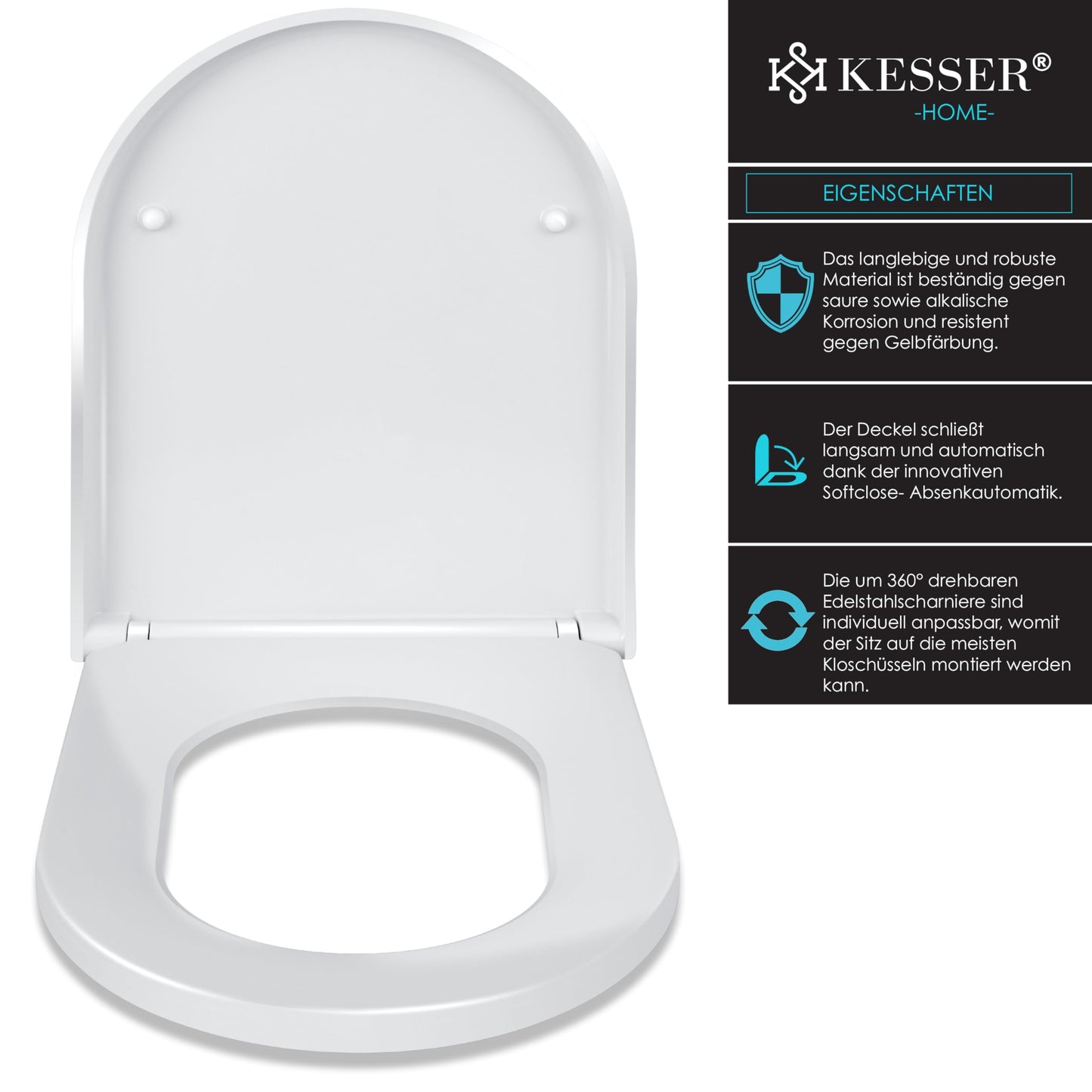 KESSER® Sedile per WC con meccanismo Soft-Close, Funzione di sgancio rapido e Soft-Close - in Duroplast con fissaggio in acciaio inox, WC Sedile a Forma di D