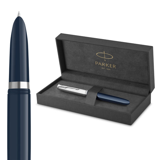 PARKER 51 Penna Stilografica, Corpo Blu Notte con Finiture Cromate, Pennino Sottile con Cartuccia di Inchiostro Nero, Confezione Regalo