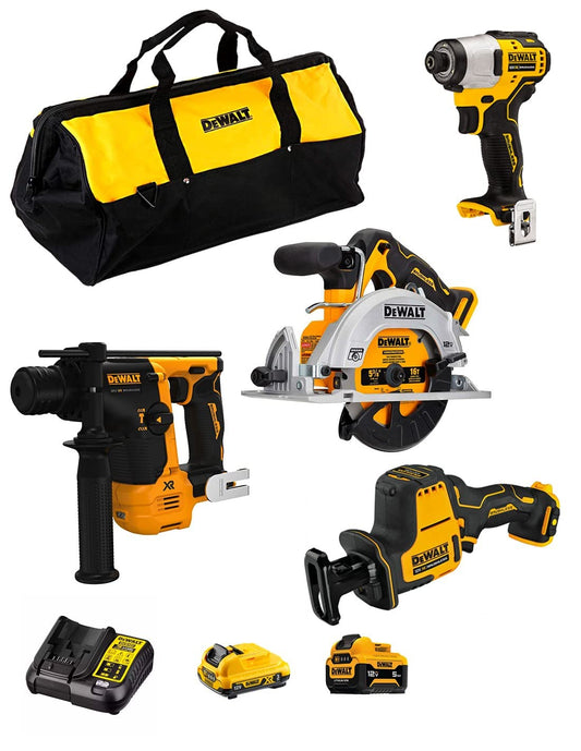 DeWALT Kit D12K402 (DCS512 + DCS312 + DCF801 + DCH072 + 1 batteria 3,0 Ah + 1 batteria 5,0 Ah + caricabatterie + Borsa)