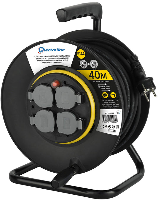 Electraline PRO-Line 49044 Prolunga per Cavi con Avvolgicavo Professional 40 MT con 4 Prese Schuko IP44, Piastra Fissa, Cavo in Gomma H07 RN-F Sezione 3G1.5 mm², Nero