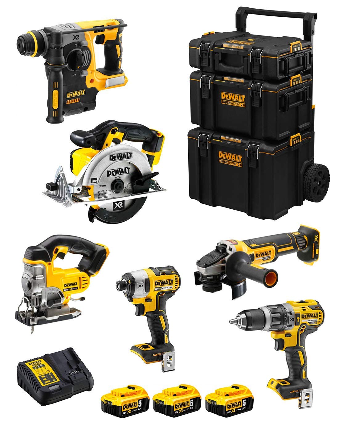 DeWALT Kit DWK600 (DCD796 + DCH273 + DCG405 + DCF887 + DCS331 + DCS391 + 3 Batterie 5,0 Ah + Caricabatterie + Caddy 3en1)