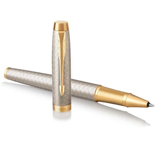 PARKER 1931686 IM Premium Penna Roller, Punta Fine e Ricarica di Inchiostro Nero, Warm Silver Golden Trim