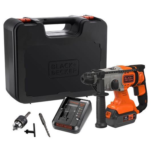 BLACK+DECKER TASSELLATORE A BATTERIA 18V SDS - 1 batteria 18V 4,0Ah - Mandrino a cremagliera x punte standard - Caricabatterie rapido - 1 punta SDS+ 6mm muro - Valigetta BCD900M1K-QW