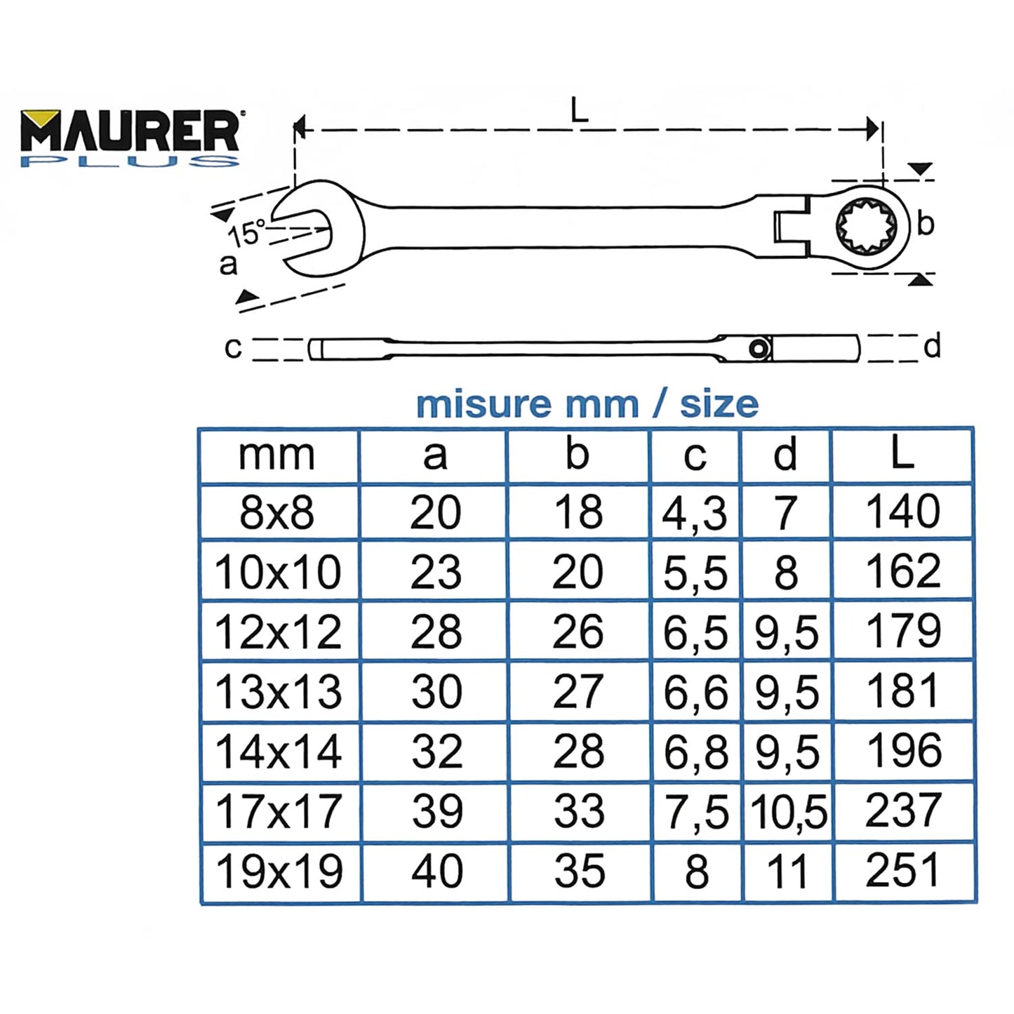 MAURER 2105995 Combinate con cricchetto 7 pezzi DIN3113, rotazione 180° set di chiavi a cricchetto, professionale, multicolore, unico