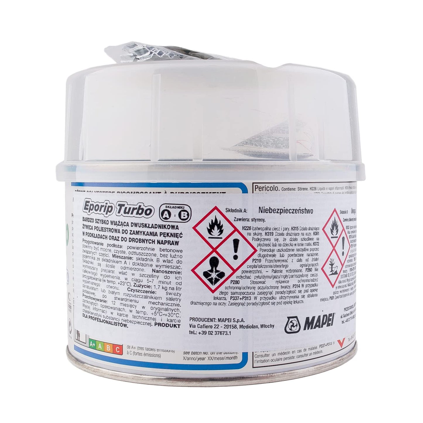 MAPEI EPORIP TURBO (A+B) 508g Resina poliestere bicomponente ad indurimento molto rapido, per sigillare crepe nei massetti e piccole riparazioni.