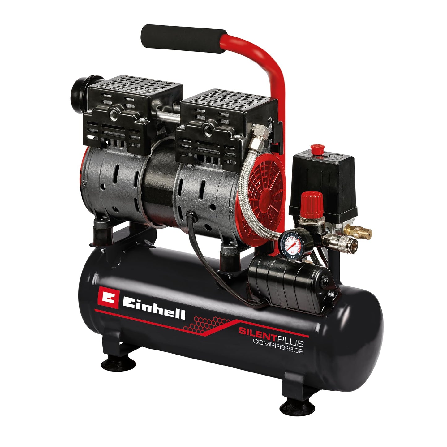 Einhell TE-AC 6 Compressore silenziato (220-240 V, 550 W, serbatoio aria 6 l, max 8 bar, portata aria max 75 l/min., cilindri 2, autolubrificato -no olio, carrellato, inc. 1 manometro, solo 57 dB(A))