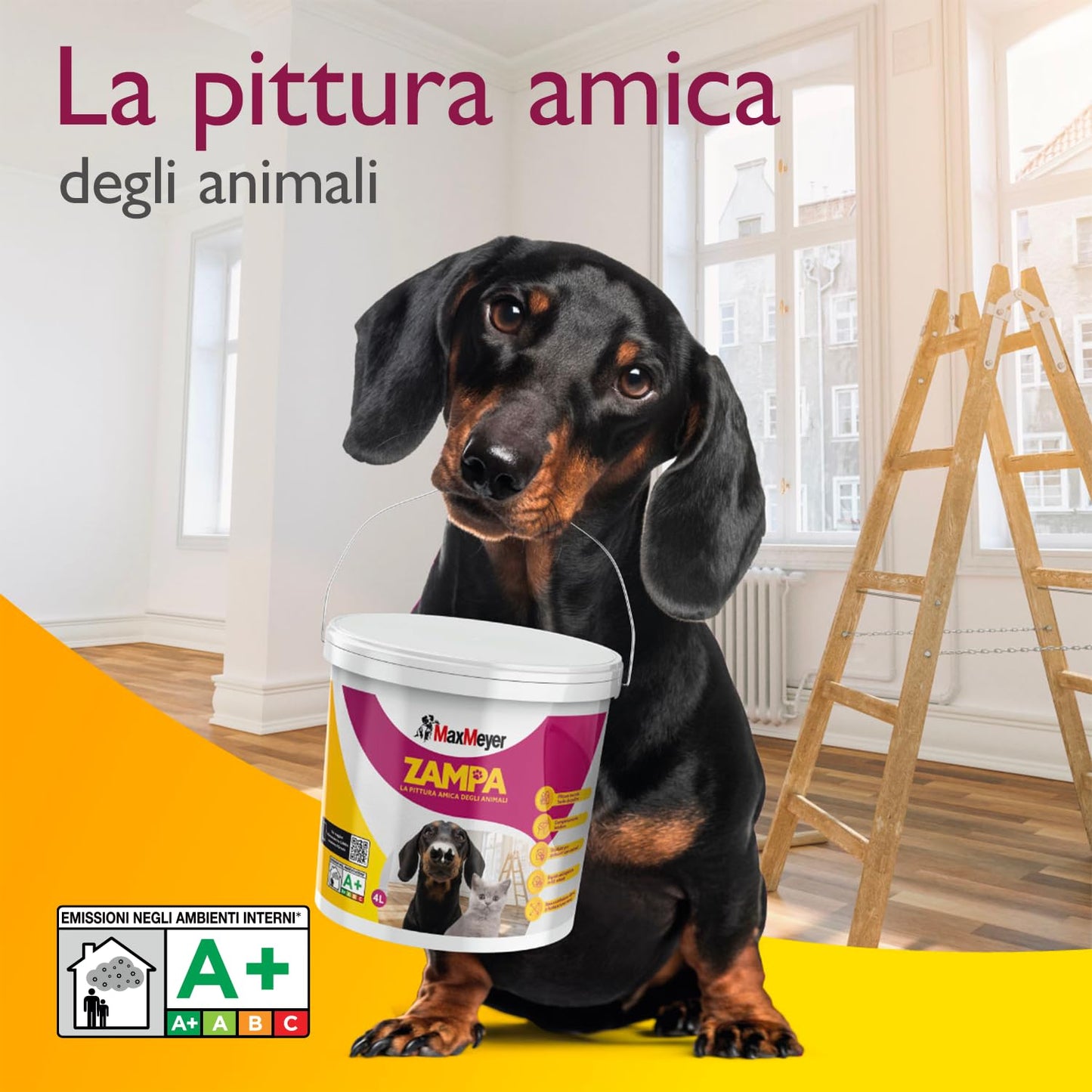 Maxmeyer, Pittura per interni Zampa Bianca ideale per ambienti con animali domestici - soluzione pronta all'uso, facile da applicare, ad asciugatura rapida e smacchiabile, 4 litri