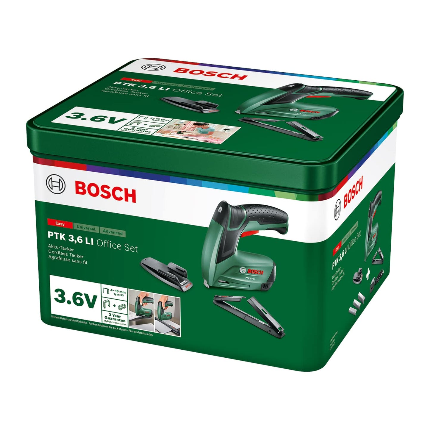 Bosch Graffatrice a batteria PTK 3.6 LI Office Set con cucitrice per carta e cucitrice per fascicoli, batteria integrata, 3.6 Volt, set di cucitrici, 30 colpi/min, in scatola metallica