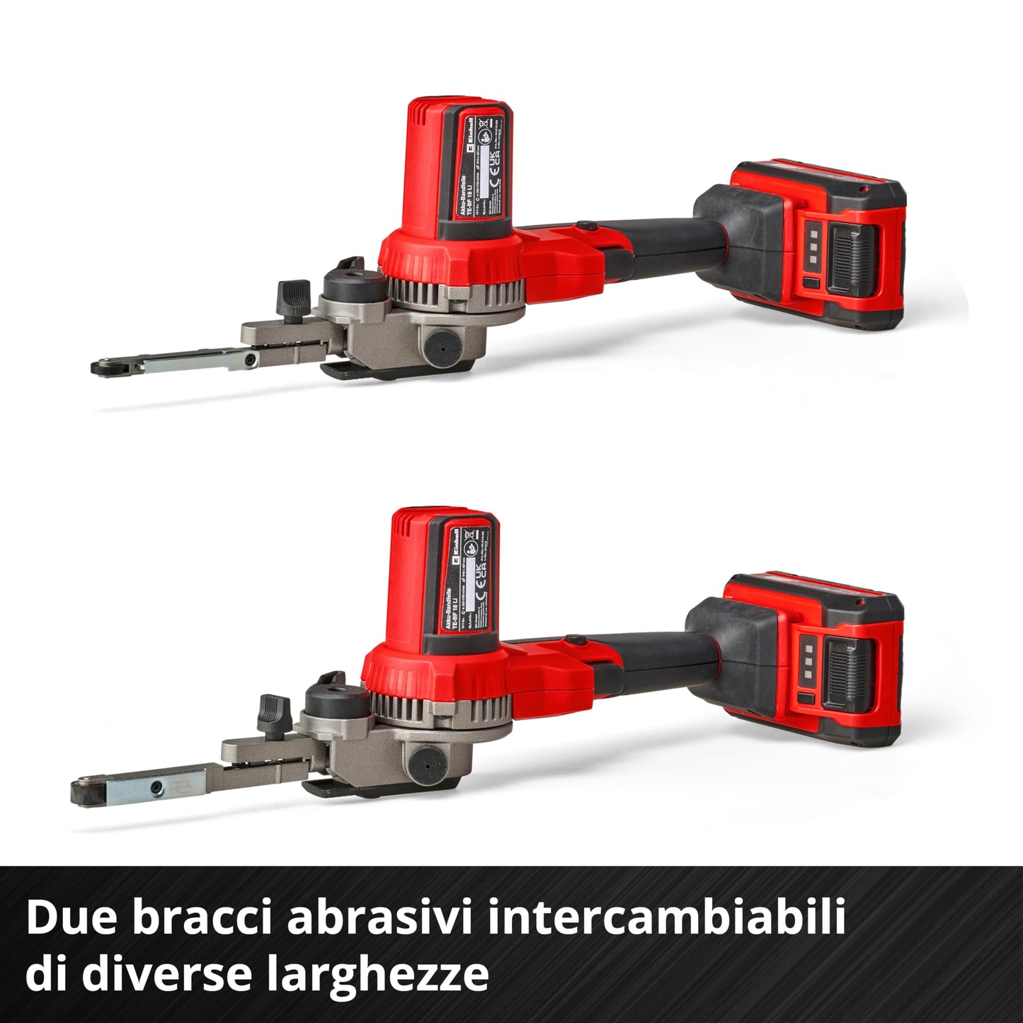 Einhell Lima a nastro a batterie TE-BF 18 Li-Solo Power X-Change (18 V, velocità fino a 1.700 m/min, 2 bracci abrasivi 9 mm e 13 mm, incl. 12 pz. nastri abrasivi, senza batteria)