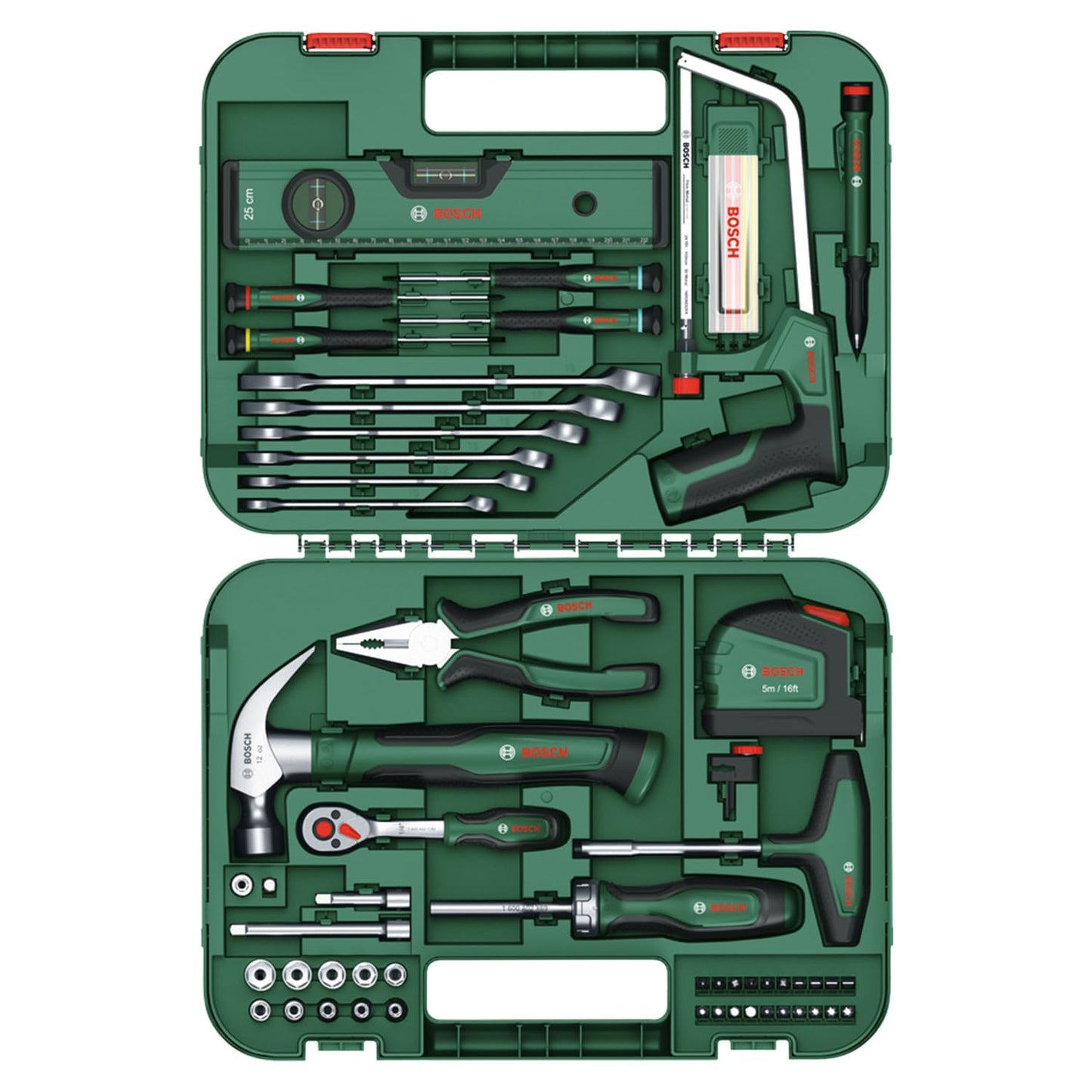 Bosch Set di utensili manuali avanzati da 64 pezzi (kit versatile, materiali di alta qualità, utensili ergonomici, pinze, chiavi, avvitatori, cricchetto, utensili di misura, sega, martello)