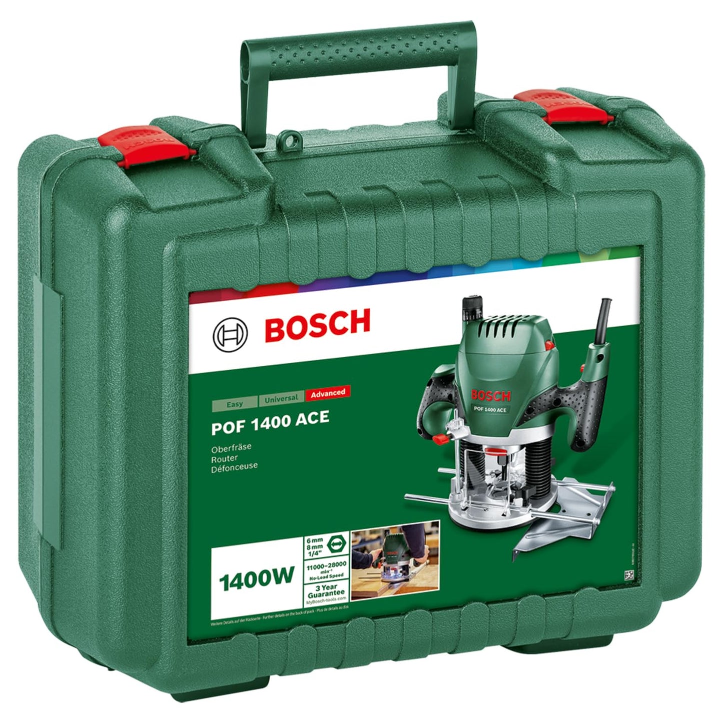 Bosch Fresatrice verticale POF 1400 ACE, 3 pinze di serraggio, fresa, guida parallela, adattatore di aspirazione, valigetta, potenza 1400 Watt