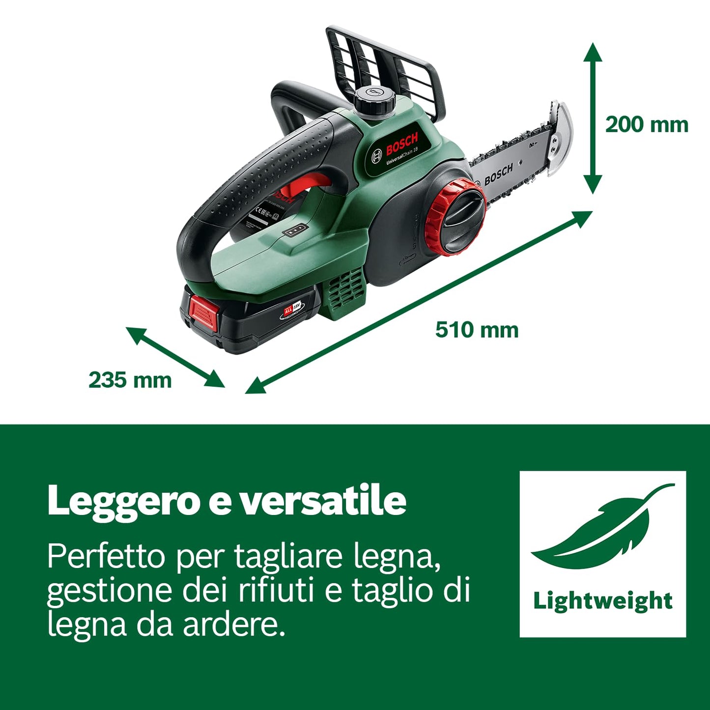 Bosch Motosega Elettrosega UniversalChain 18 (batteria da 2.5 Ah, caricabatteria, sistema SDS, lunghezza barra: 200 mm, sistema da 18 V, confezione in cartone)