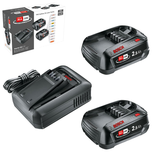 Bosch batteria e caricabatteria rapido Starter Set 18V (2 batterie al litio da 2,5 Ah; 1 caricabatteria rapido; POWER FOR ALL 18V Alliance)