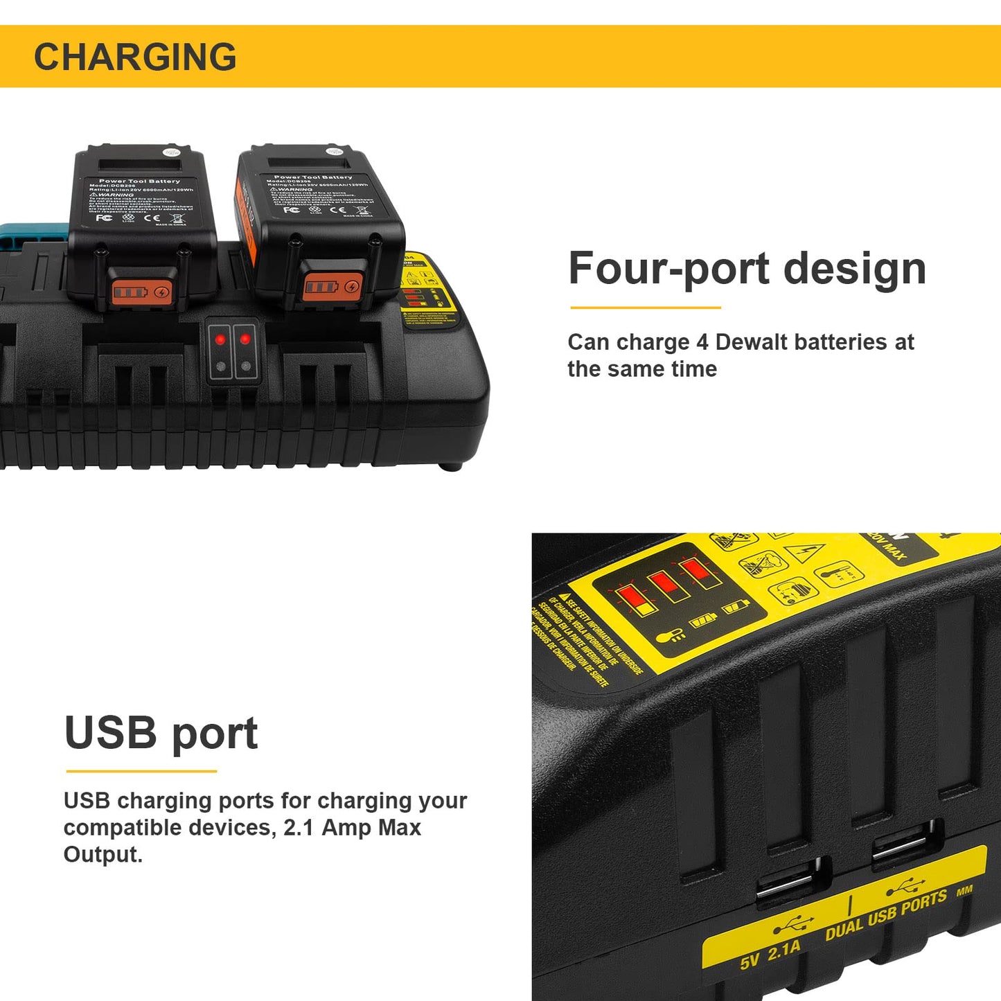 ASUNCELL 4 Porte Caricabatterie Compatibile con Dewalt DCB104 18V Piattaforma XR, 3A Caricabatterie per Batterie 12V-20V MAX, Compatibile con Dewalt 18V DCB batteria di ricambio(con 2 porte USB 2.1A)