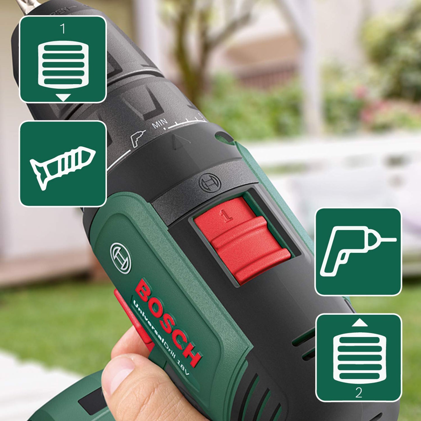 Bosch Home and Garden 06039D4002 Bosch Trapano a Batteria UniversalDrill (2 Batterie, In Valigetta), Verde-Nero, 38.1 x 28.9 x 10 cm, sistema da 18 Volt