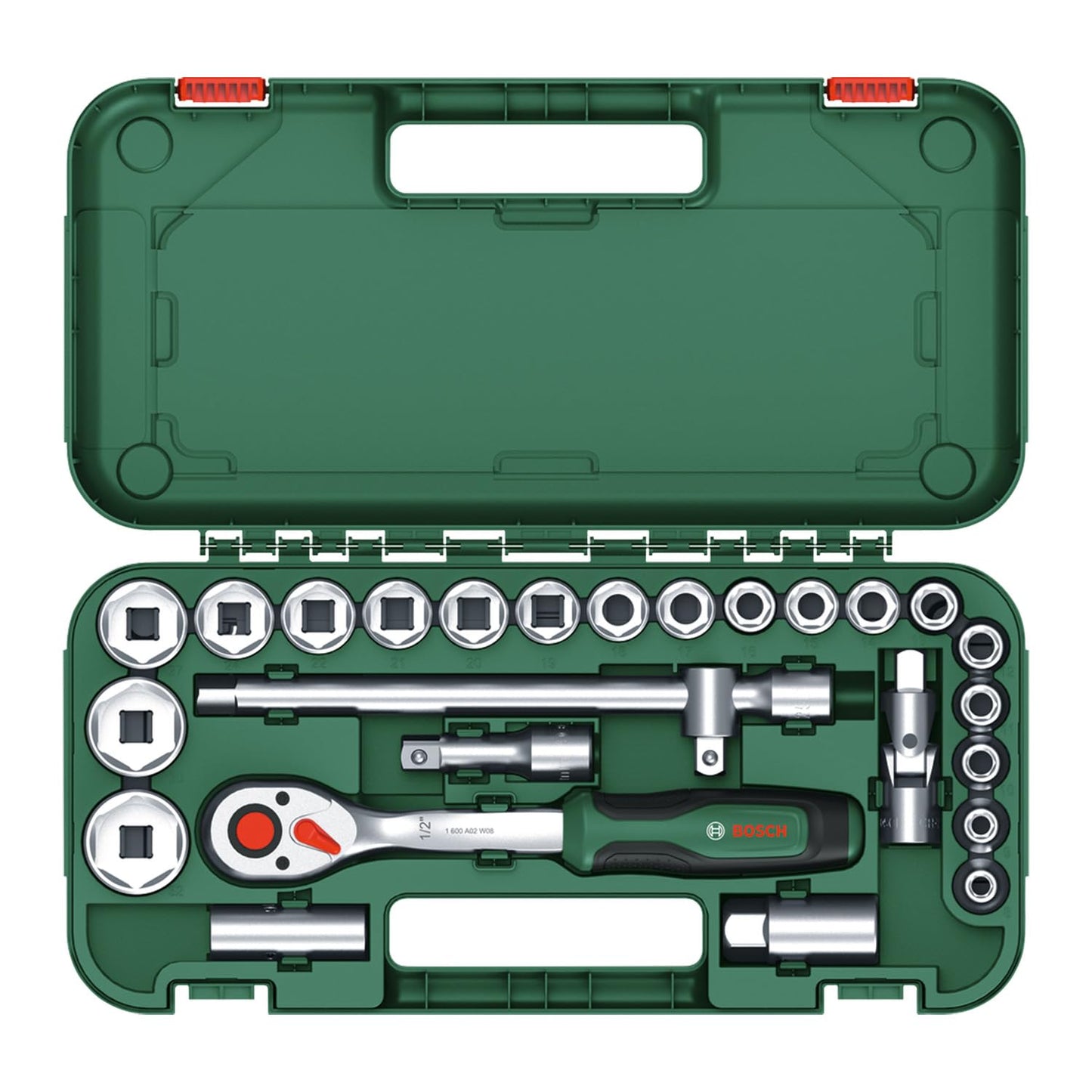 Bosch Set di cricchetti da 1/2" da 25 pezzi (potente cricchetto da 1/2" per lavori di bricolage, coppia elevata fino a 768 Nm, pulsante di bloccaggio, interruttore di direzione, collo curvo, custodia)