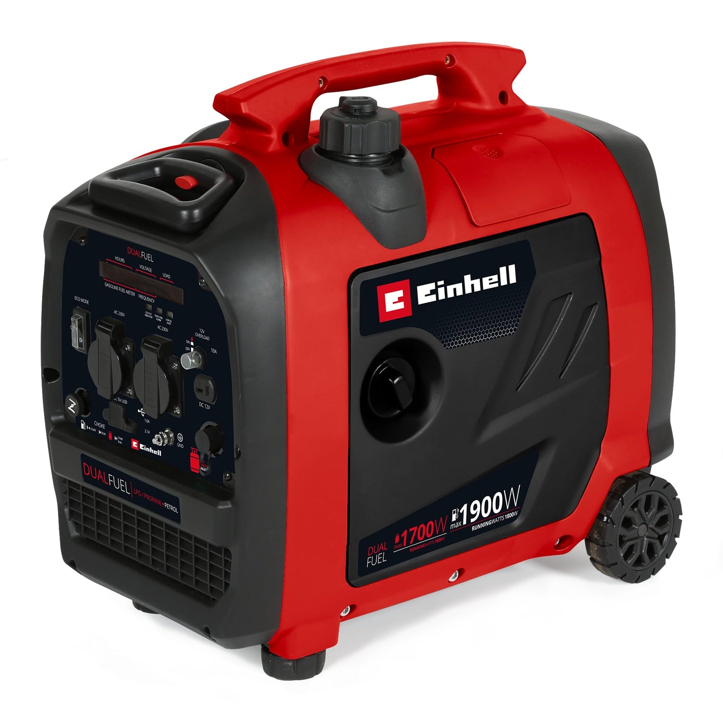 Einhell Generatore (benzina/gas) TE-IG 1900 DF (potenza continua 1800/1600 W, potenza picco 1900/1700 W, serbatoio 4,2 l, inverter, motore 4 tempi, 2 prese 230V, 2 prese USB, 1 presa 12V)