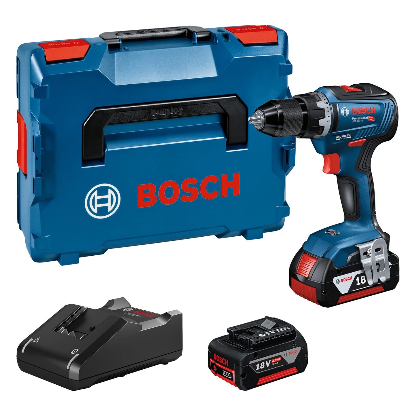 Bosch Professional GSR 18V-55 - Avvitatore a batteria (2 batterie da 4,0 Ah, sistema da 18 Volt, coppia massima: 55 Nm, in L-Boxx