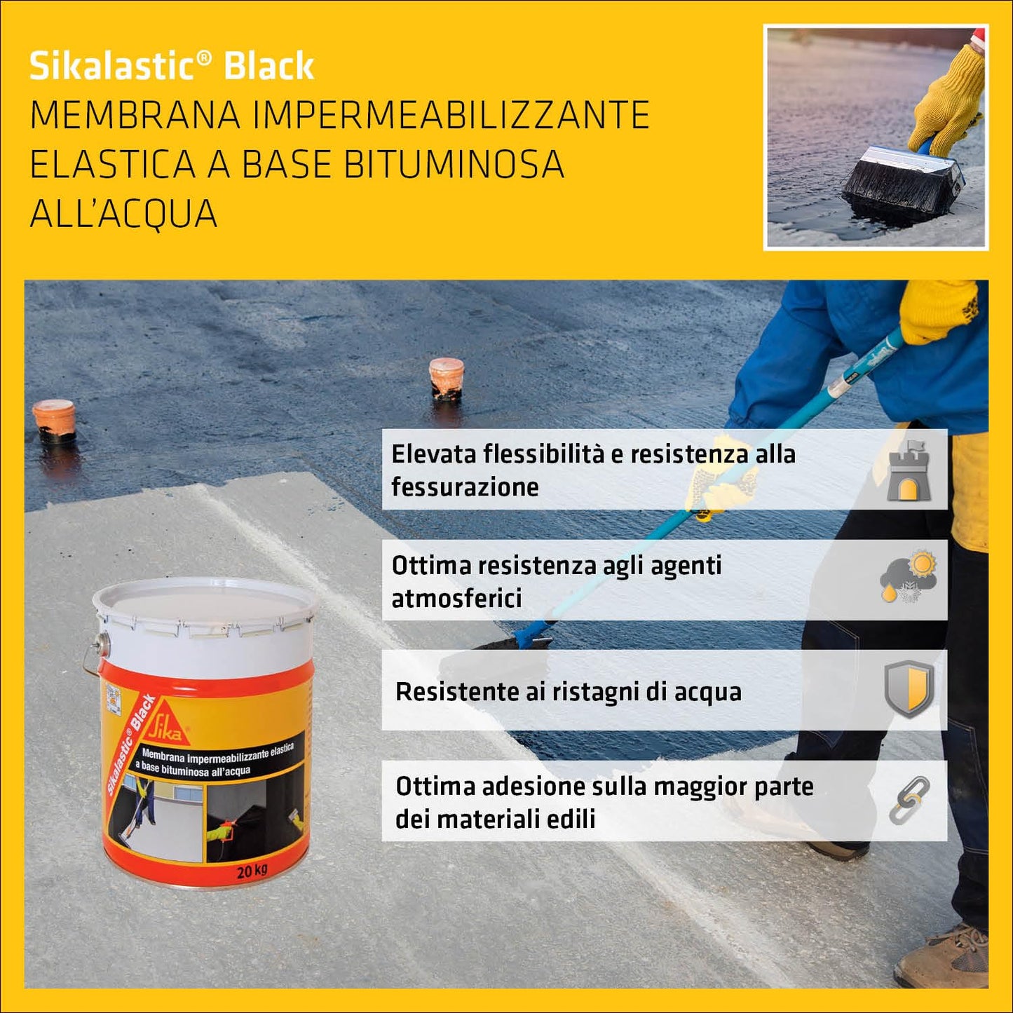 Sika - Sikalastic Black, Nero - Membrana impermeabilizzante bituminosa - Resistente agli agenti atmosferici ed ai ristagni di acqua - Latta da 20kg