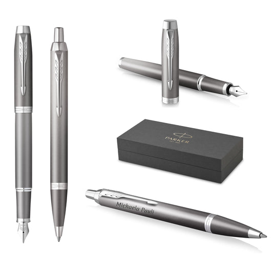 PARKER IM Rituals - Penna a sfera e penna stilografica con incisione, in confezione regalo, personalizzata, per compleanno (grigio Chrome)