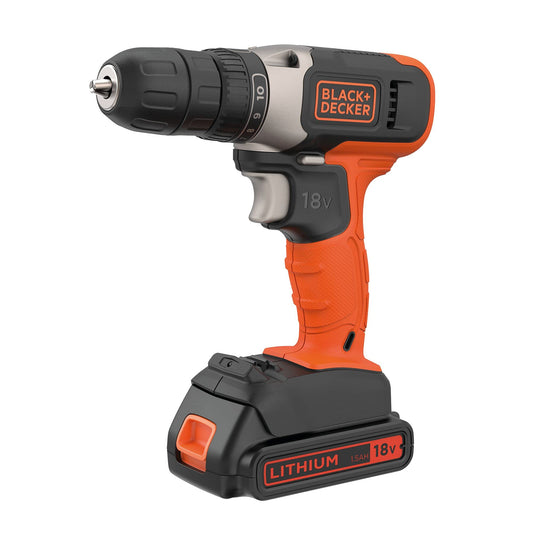 BLACK+DECKER, TRAPANO AVVITATORE 18V LITIO COMPATTO&LEGGERO 1 BATTERIA In dotazione: 1 batteria al Litio 18V - 1.5Ah; caricabatterie per ricarica in 3-5 ore.BCD001C1-QW