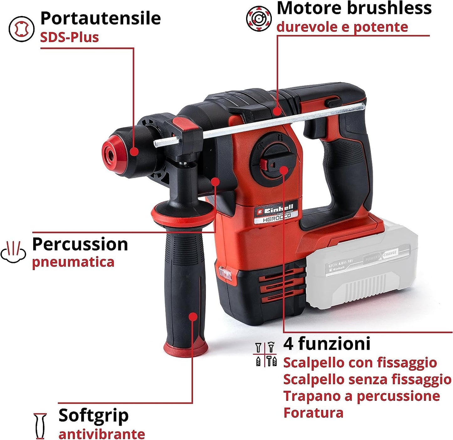 Einhell Tassellatore a batteria HEROCCO 18/20 Power X-Change (18 V, 2,2 J, motore senza spazzole, SDS-Plus, sistema elettronico di gestione del numero di giri, senza batteria e caricabatteria)