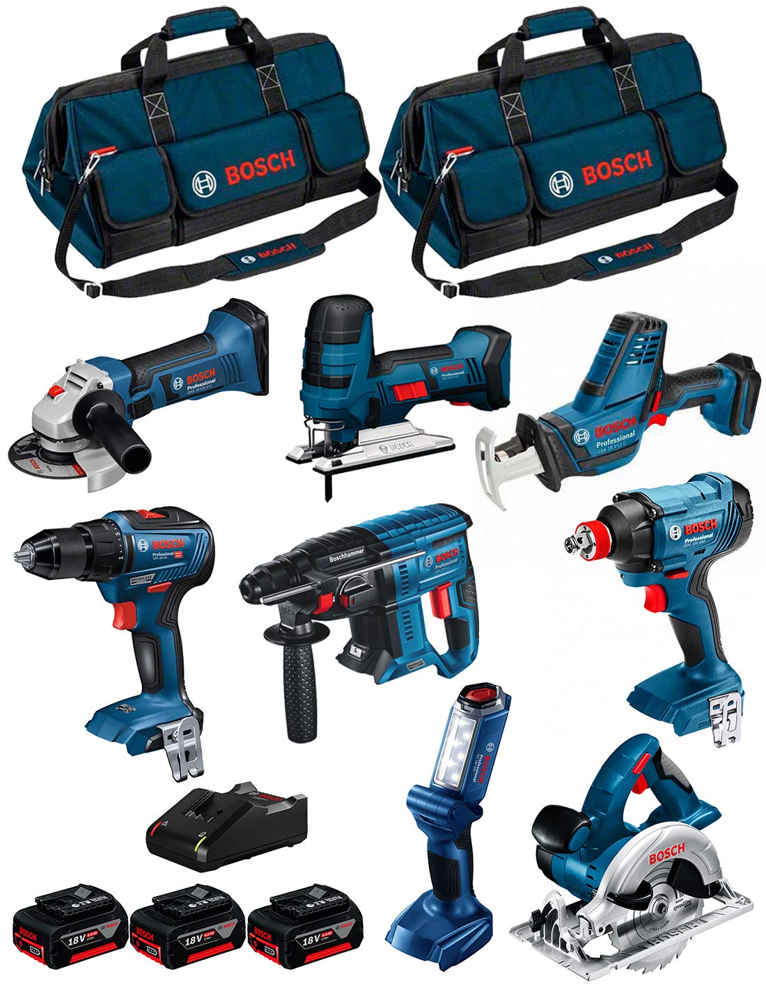 BOSCH Kit 18V BK801BAG (GDX 18V-180 + GSR 18V-55 + GBH 18V-21 + GKS 18 V-LI + GST 18 V-LI S + GWS 18-125 V-LI + GLI 18V-300 + GSA 18 V-LI C + 3 Batterie di 4,0 Ah + Caricabatterie + 2 Borse)