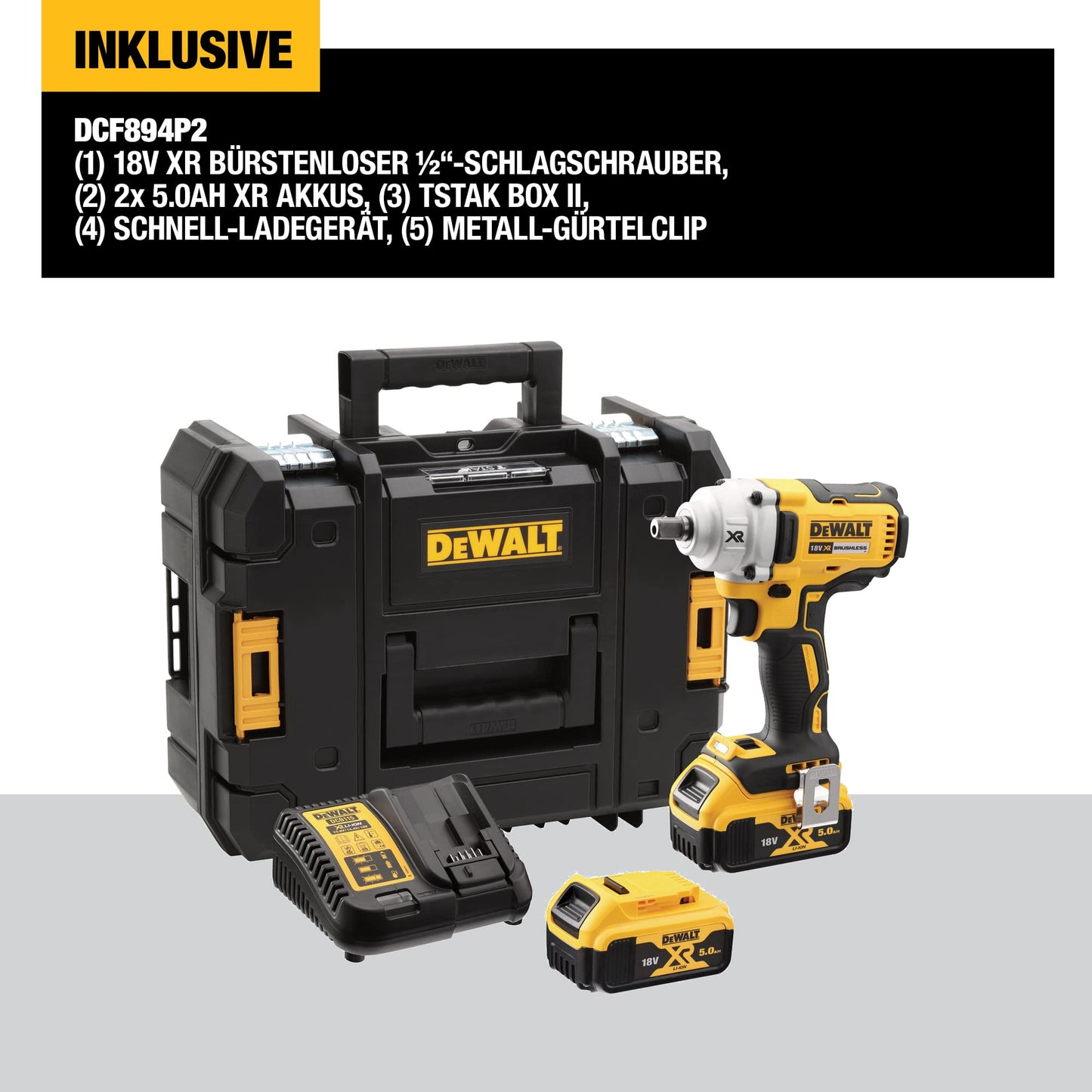 DEWALT DCF894P2-QW Avvitatore ad impulsi attacco 1/2” 18V - DOTAZIONE: 2 batterie XR Litio 5.0Ah, caricabatterie, valigetta TSTAK.