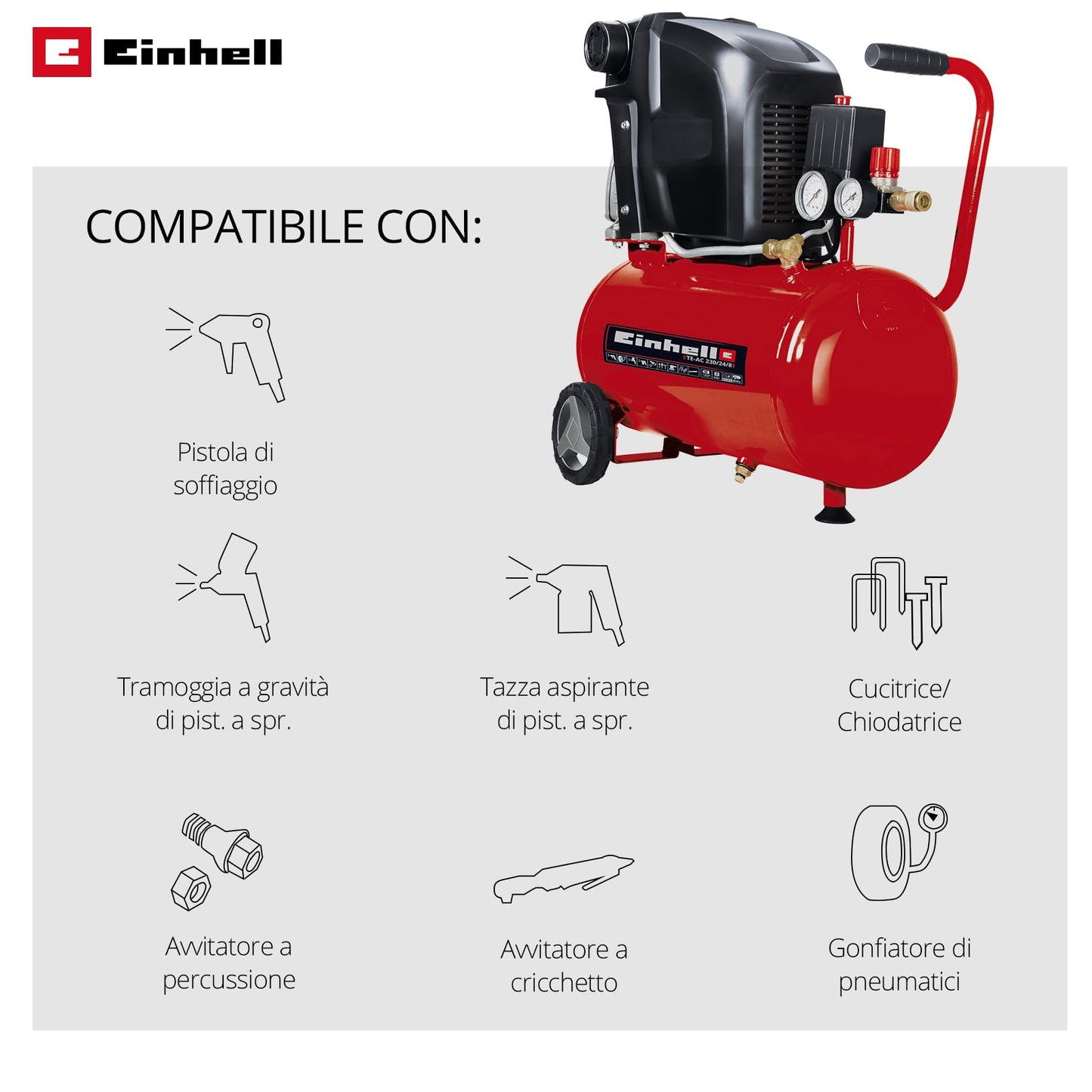 Einhell TE-AC 230/24/8 Compressore (220-240 V, 1500 W, serbatoio aria 24 l, pressione max 8 bar, portata aria max 132 l/min., cilindri 1, a olio, carrellato, inc. 2 manometri)