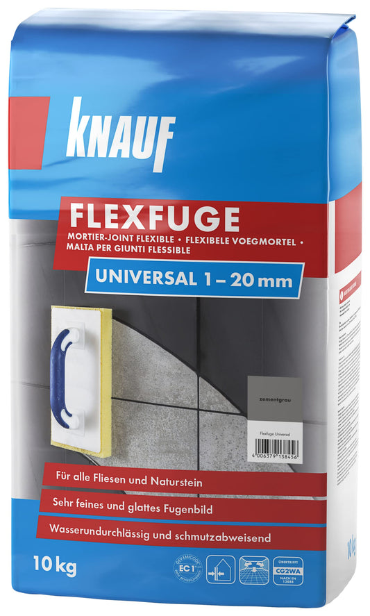 Knauf Fuga flessibile universale, 10 kg, grigio cemento, universale, utilizzabile per un'immagine particolarmente liscia su parete e pavimento in interni ed esterni, malta per fughe ad asciugatura