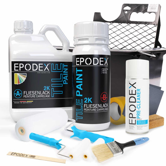 EPODEX® 2K TILE PAINT | Vernice per piastrelle | Set di accessori | 45 colori bianco colorato | inodore senza solventi, resistente all'abrasione, sconto quantità 1,8-60 kg