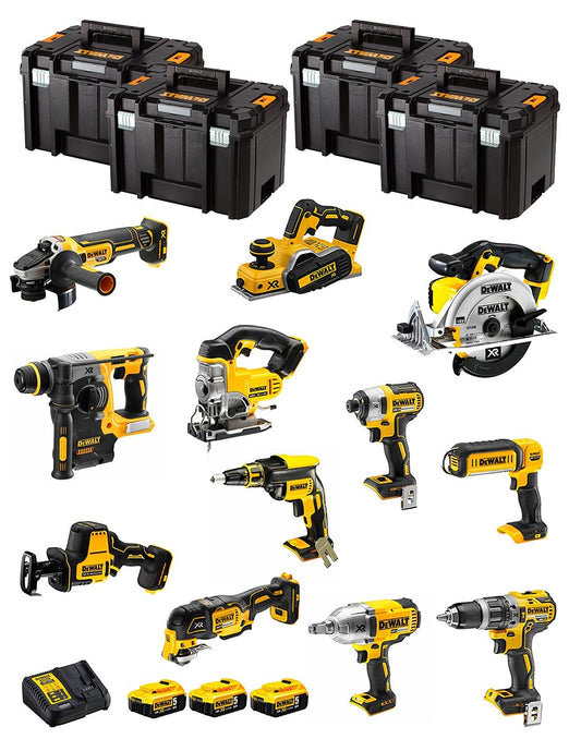 DeWALT Kit DWK1202T (DCD796 + DCH273 + DCG405 + DCF887 + DCF889H + DCS331 + DCS391 + DCS355 + DCP580 + DCS369 + DCL050 + DCF620 + 3 Batterie 5,0 Ah + Caricabatterie + 4 x TSTAK VI)