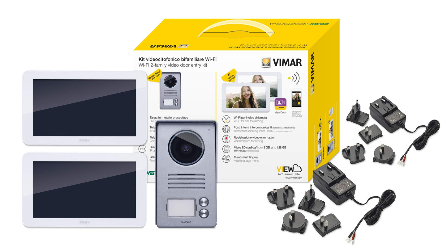 Vimar K40946 Kit Videocitofono Smart Bifamiliare con 2 Monitor Touch Screen Vivavoce, Targa Audiovideo 2 Pulsanti con Cornice Parapioggia, 2 Alimentatori Multispina, Bianco