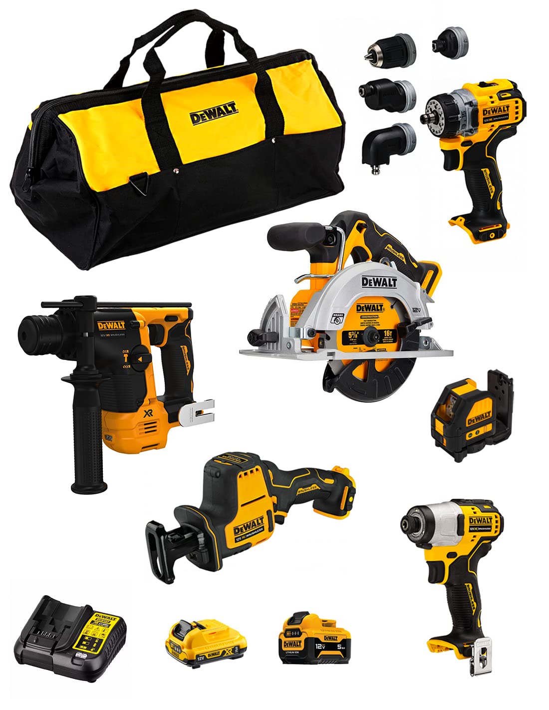 DeWALT Kit D12K601 (DCS512 + DCS312 + DCD703 + DCH072 + DCF801 + DCE088 + 1 batteria 3,0 Ah + 1 batteria 5,0 Ah + caricabatterie + Borsa)