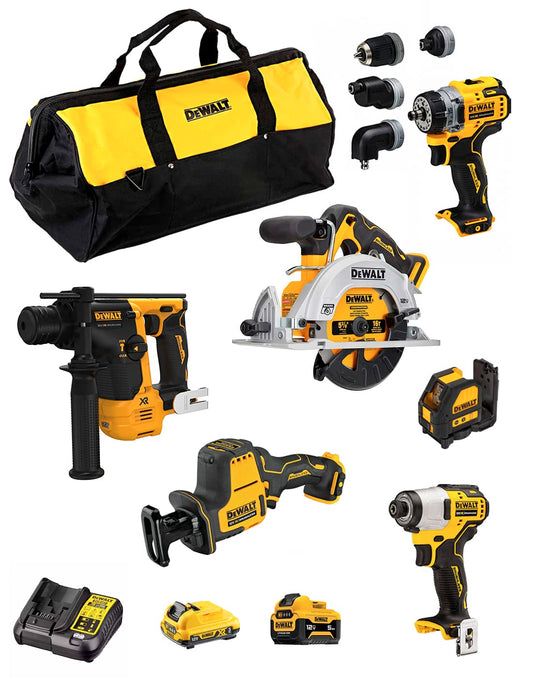 DeWALT Kit D12K601 (DCS512 + DCS312 + DCD703 + DCH072 + DCF801 + DCE088 + 1 batteria 3,0 Ah + 1 batteria 5,0 Ah + caricabatterie + Borsa)