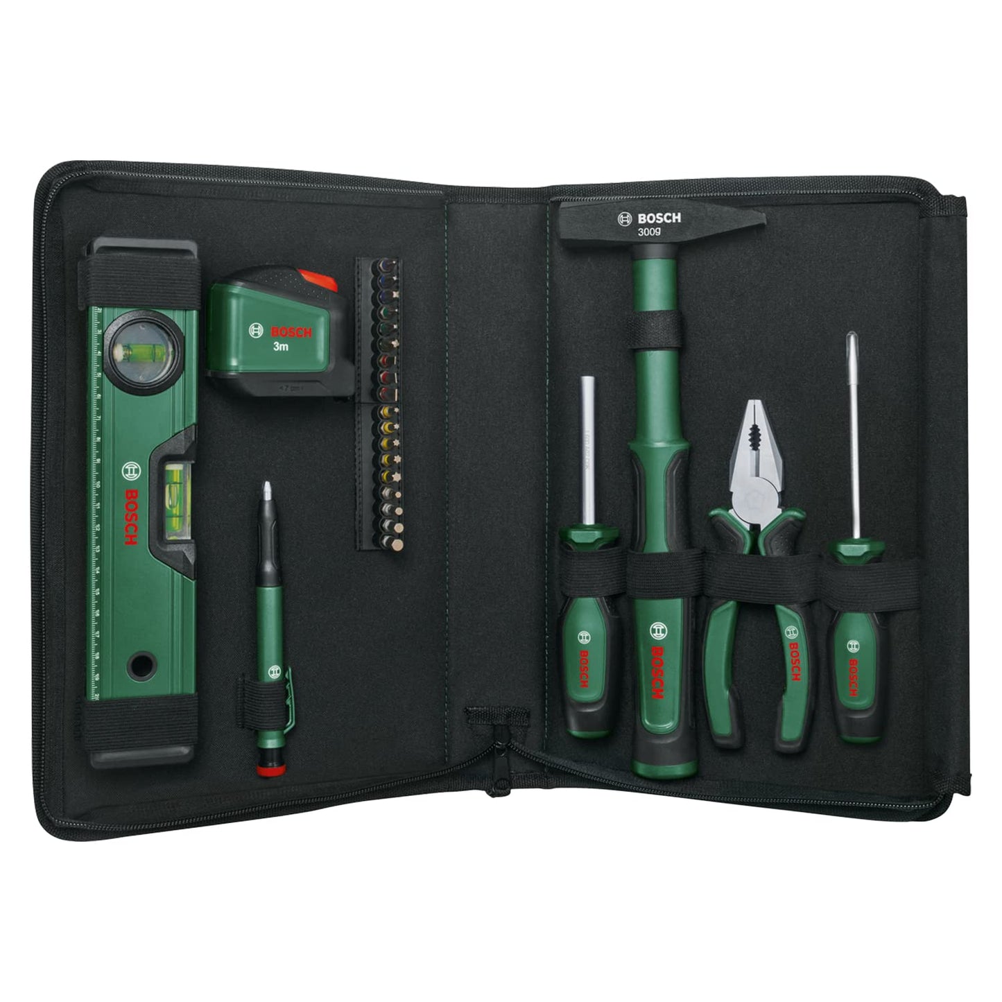 Bosch Home and Garden - Set di utensili manuali universali, 25 pezzi (kit di attrezzi versatile per uso generico fai da te in tutta la casa; pinze combinate; metro a nastro; livella a bolla, martello