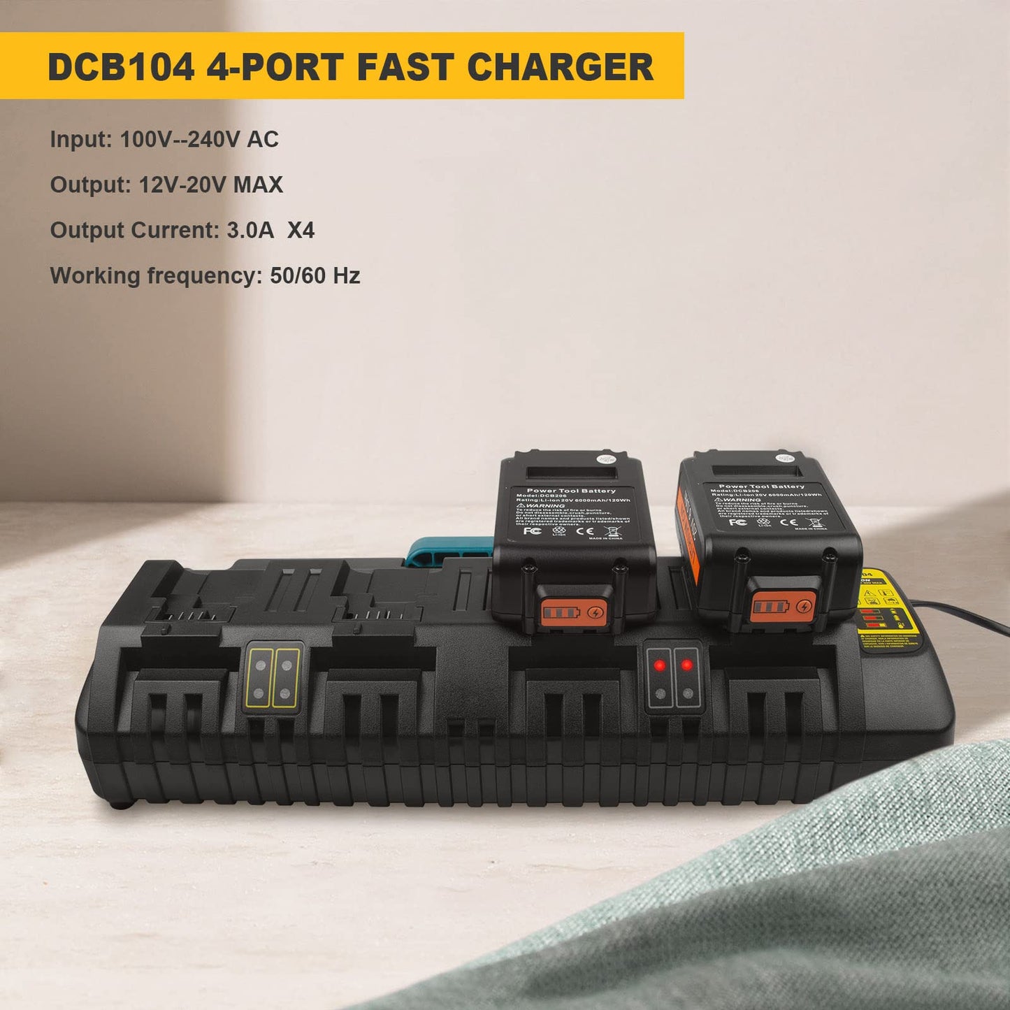 ASUNCELL 4 Porte Caricabatterie Compatibile con Dewalt DCB104 18V Piattaforma XR, 3A Caricabatterie per Batterie 12V-20V MAX, Compatibile con Dewalt 18V DCB batteria di ricambio(con 2 porte USB 2.1A)