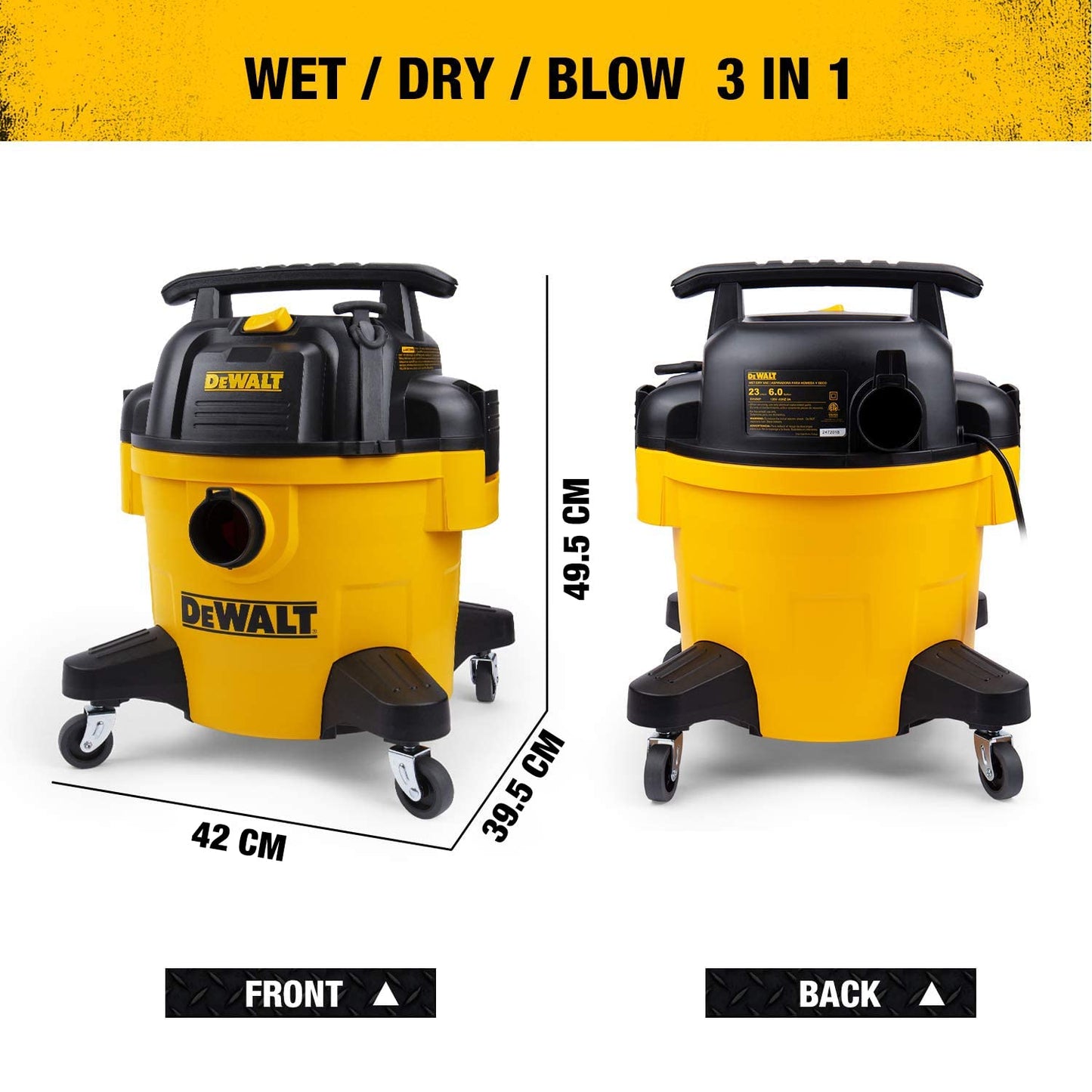 DeWALT EUDXV23P Aspiratore a Umido/Secco da 23 l, Poliestere, Giallo