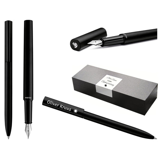 Pelikan Ineo® Elements Penna stilografica e penna a sfera con incisione, penna regalo premium, confezione regalo, ricarica blu, regalo personalizzato, nome inciso, compleanno (nero)