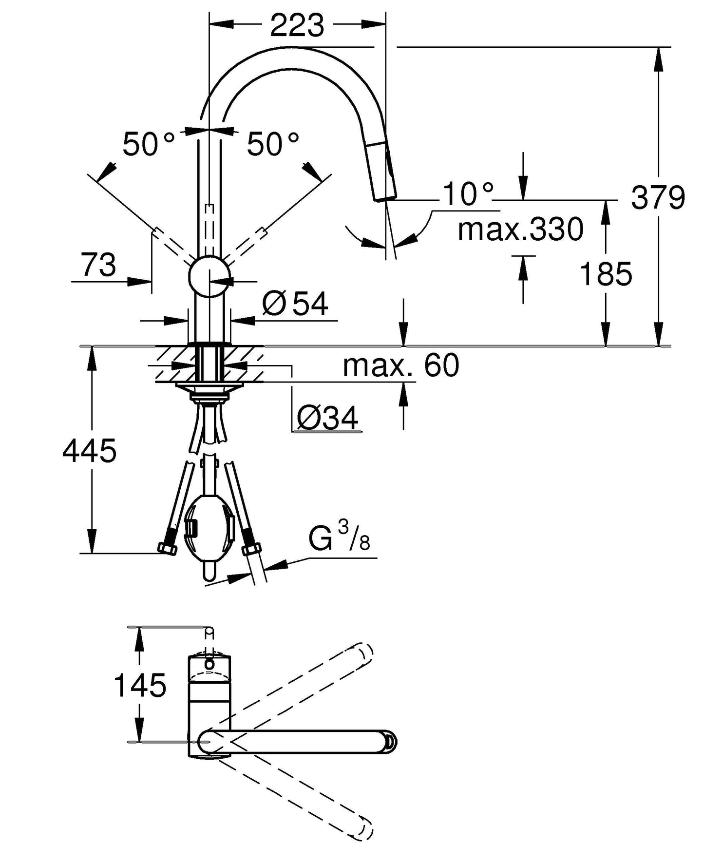 GROHE Minta - Miscelatore per lavello cucina con doccetta estraibile (2 opzioni di getto, ugelli in silicone, bocca alta, angolo di rotazione 360°, 379 mm), cromo, 32321002