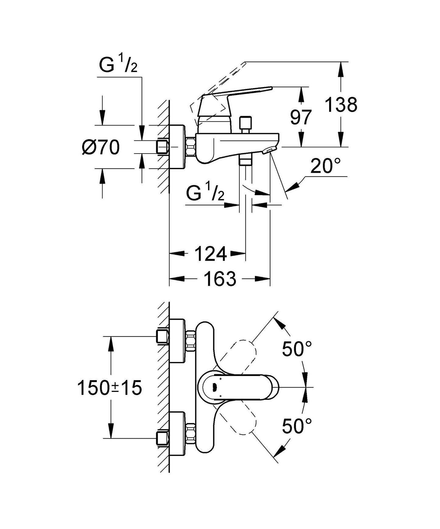 Grohe 32831000 Miscelatore Monocomando Vasca/Doccia senza Manopola Doccia, Cromo