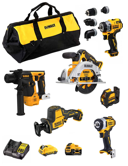 DeWALT Kit D12K602 (DCS512 + DCS312 + DCD703 + DCH072 + DCF901 + DCE088 + 1 batteria 3,0 Ah + 1 batteria 5,0 Ah + caricabatterie + Borsa)