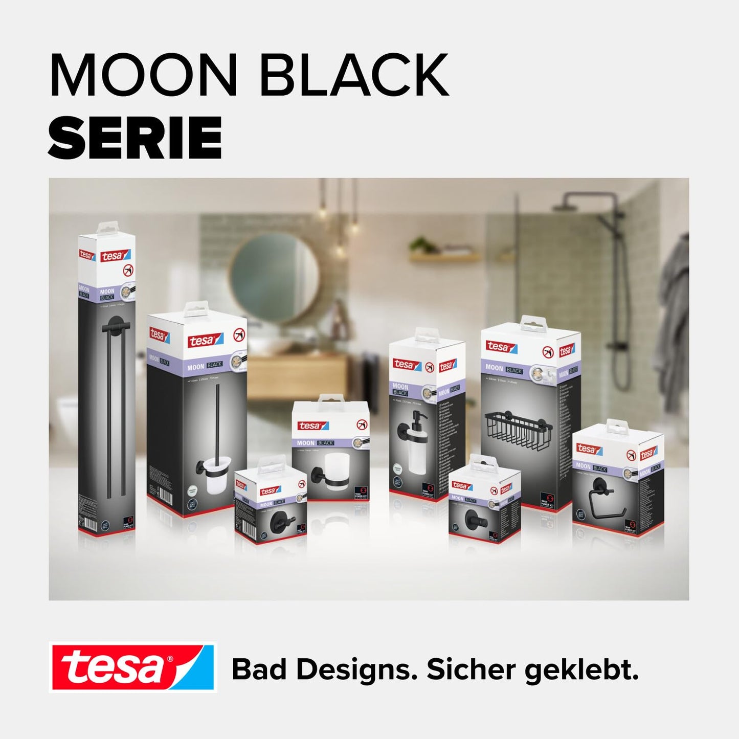 tesa MOON BLACK Mensola per Doccia con montaggio a parete senza foratura, nero opaco, Extra profonda, Per bagni in stile industriale e moderno, Con soluzione adesiva, 92 mm x 250 mm x 125 mm