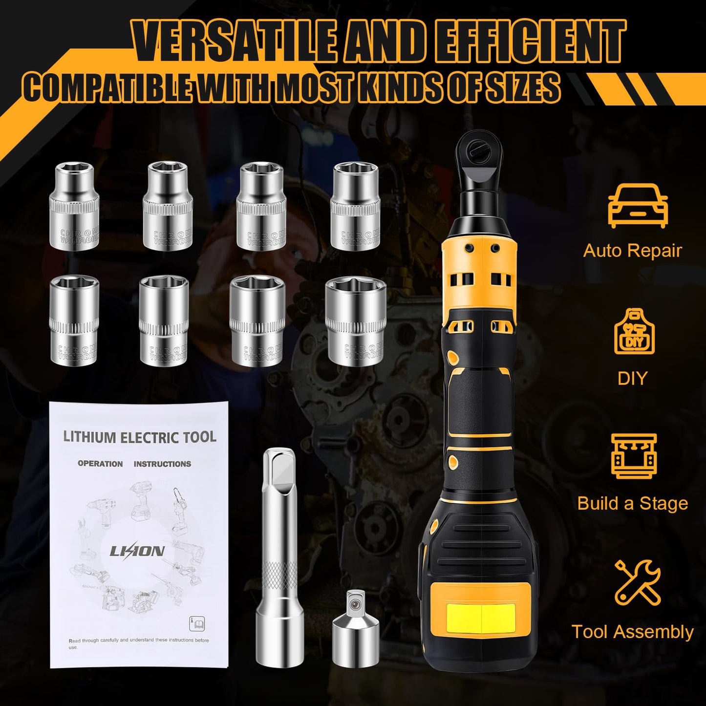 Cacciavite a cricchetto a batteria compatibile con batteria Dewalt da 20 V, cricchetto elettrico da 3/8", batteria a cricchetto con 8 bussole (senza batteria, senza caricatore)