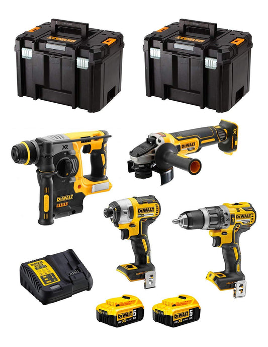 DeWALT Kit DWK400 (Trapano a percussione DCD796 + Martello Perforatore DCH273 + Mini Smerigliatrice DCG405 + Avvitatore a impulsi DCF887 + 2 Batterie da 5,0 Ah + Caricatore + 2 x TSTAK VI)