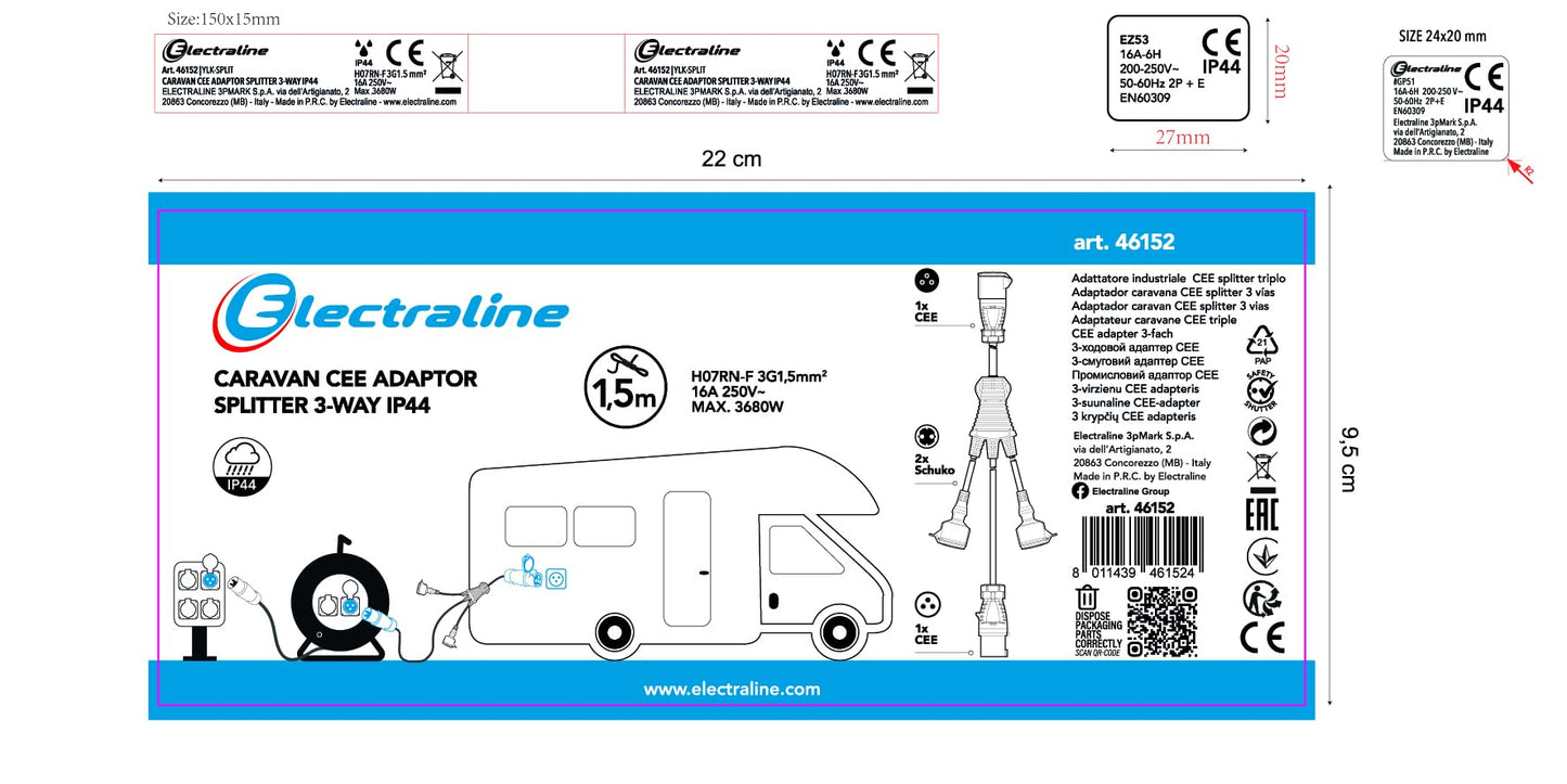 Electraline 46152 Prolunga Splitter Caravan a 3 vie/Cavo Alimentazione, con 2 Prese Schuko + 1 Industriale CEE, Spina CEE per uso esterno IP44, Cavo in gomma H07RN-F 3G1.5mm, Lunghezza 1.5M, nero