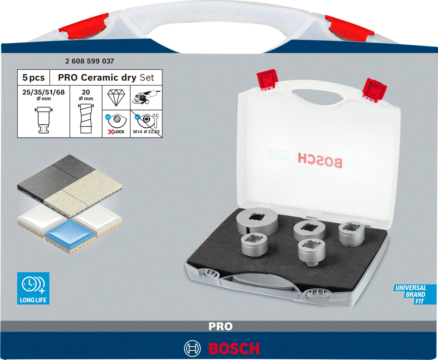 Bosch Professional 2608599037 Set da 5 Pezzi, Punta Diamantata a Secco, per Ceramica, X-Lock, Dry Speed, Ø 20/25/35/51/68 mm