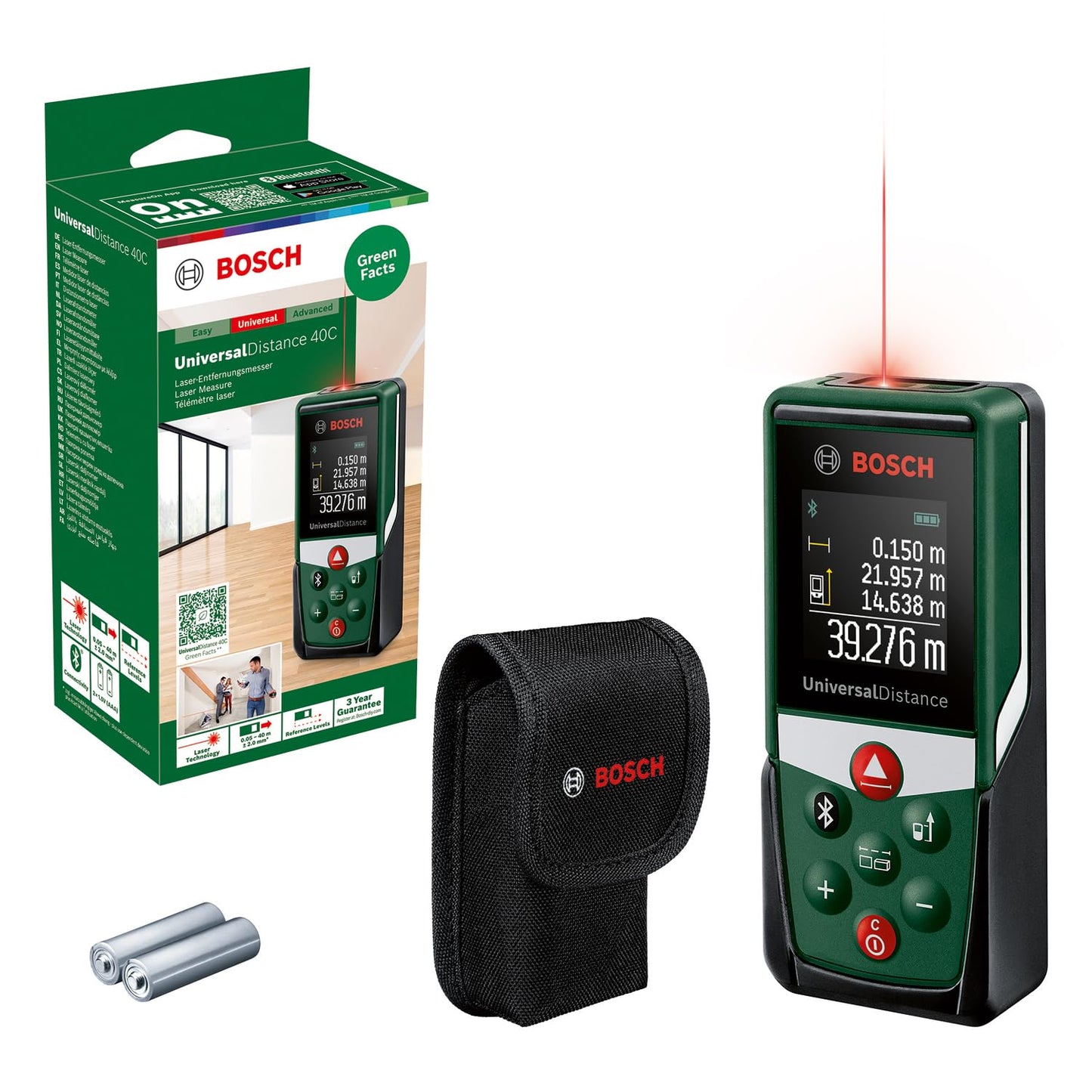 Bosch distanziometro laser UniversalDistance 40 C (misura distanze fino a 40 m con precisione, connettività Bluetooth, funzioni di misurazione, in cartone)