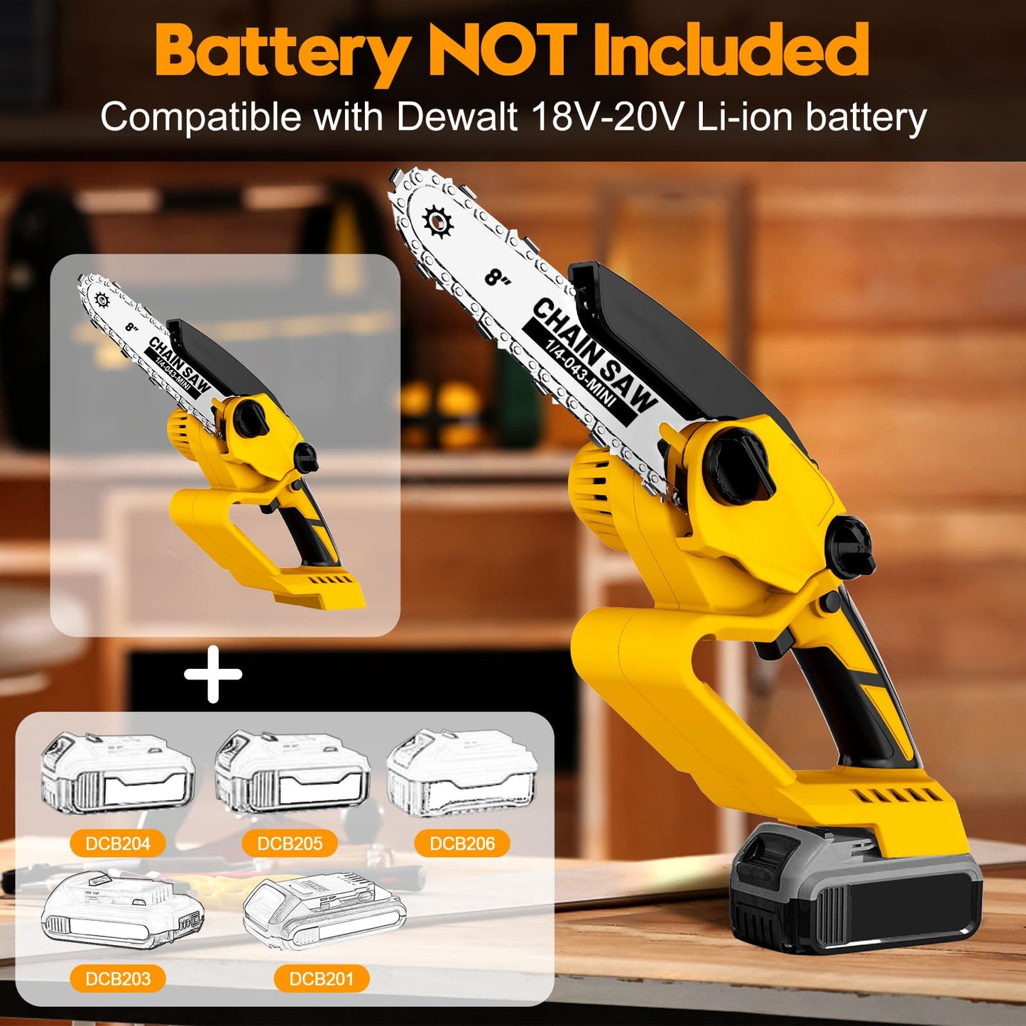 Mini Motosega a Batteria da 8 Pollici per Dewalt 20V a Batteria (senza batteria), Elettrica Sega a Batteria per Potatura Con Pompetta Olio e Blocco di Sicurezza per il Taglio del Legno e Giardini